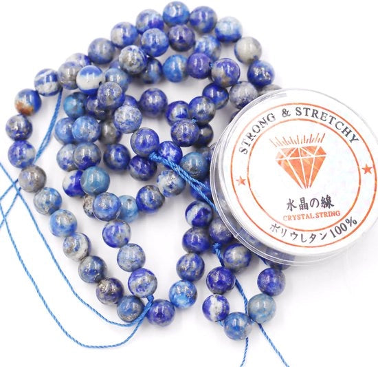 Kralen con corda per l'allestimento di accessori di moda - Pietre energetiche per bracciali curativi 8 mm = 96 pezzi e 1 rotolo di corda Lapis Lazuli A 8 mm
