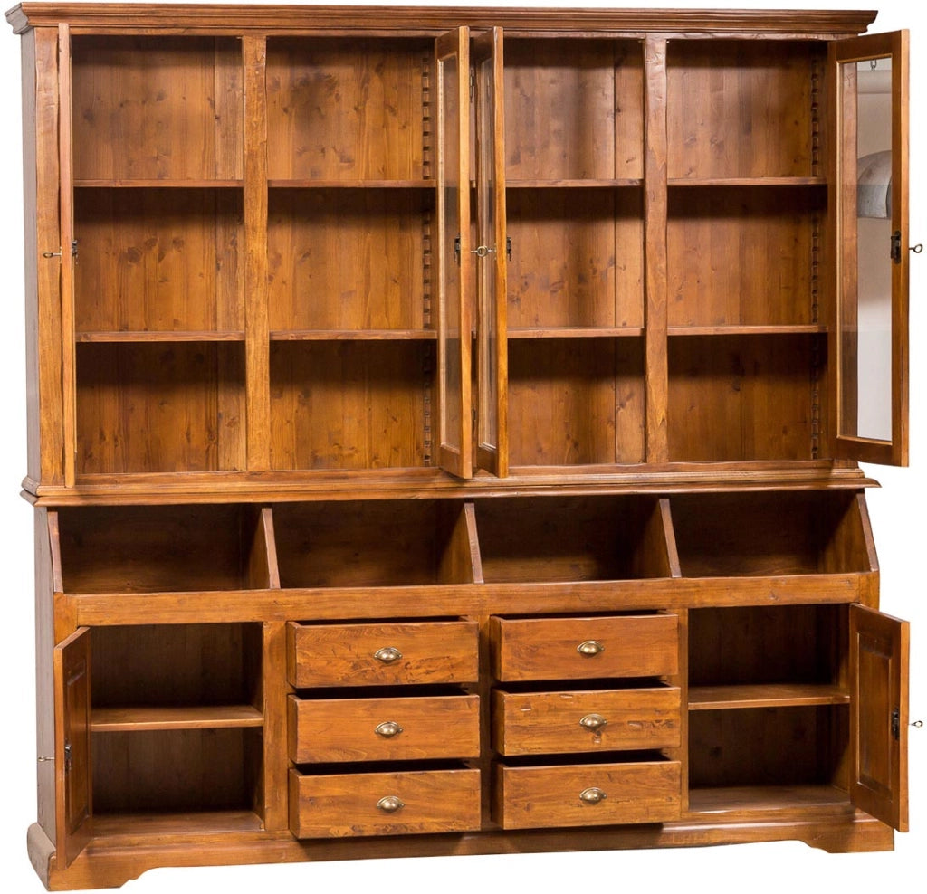 Biscottini Libreria Country in legno massello di tiglio finitura noce L230xPR50xH226 cm. Made in Italy