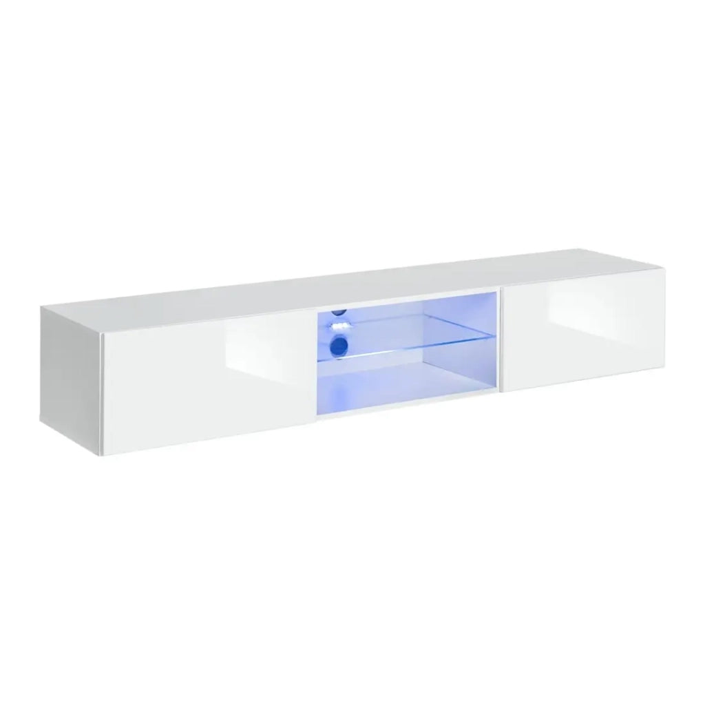 Mobile porta TV sospeso 180cm con 2 ante e nicchie illuminate, collezione SWITCH. Mobile di colore bianco.