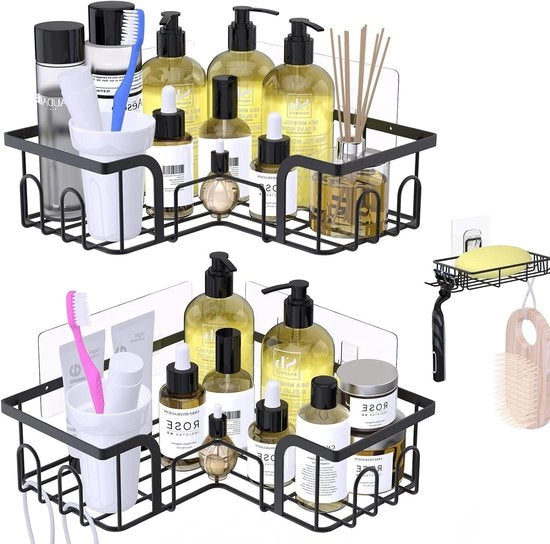 Placca doccia senza fori angolo in acciaio inossidabile con contenitore per sapone per cucina e bagno 2 pezzi