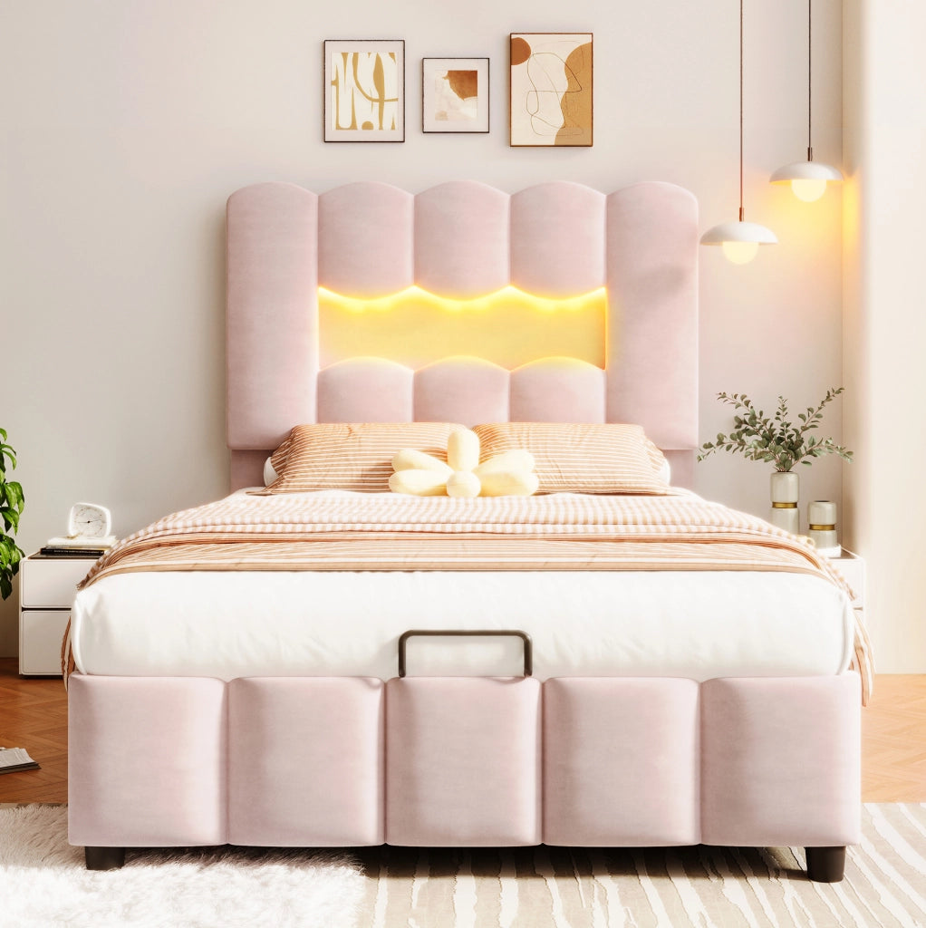 Letto imbottito 90x200 cm in velluto rosa con contenitore; LED multicolore e testiera regolabile