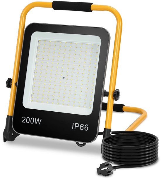 Floodlight a LED – 200W con Stativo – 6000K Bianco Freddo – Illuminazione Esterna – Per Atelier, Terrazza, Giardino