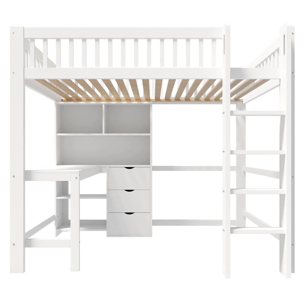 Letto a soppalco 140×200 cm con scrivania; 3 cassetti; ripiani e barriera di sicurezza; senza materasso; bianco