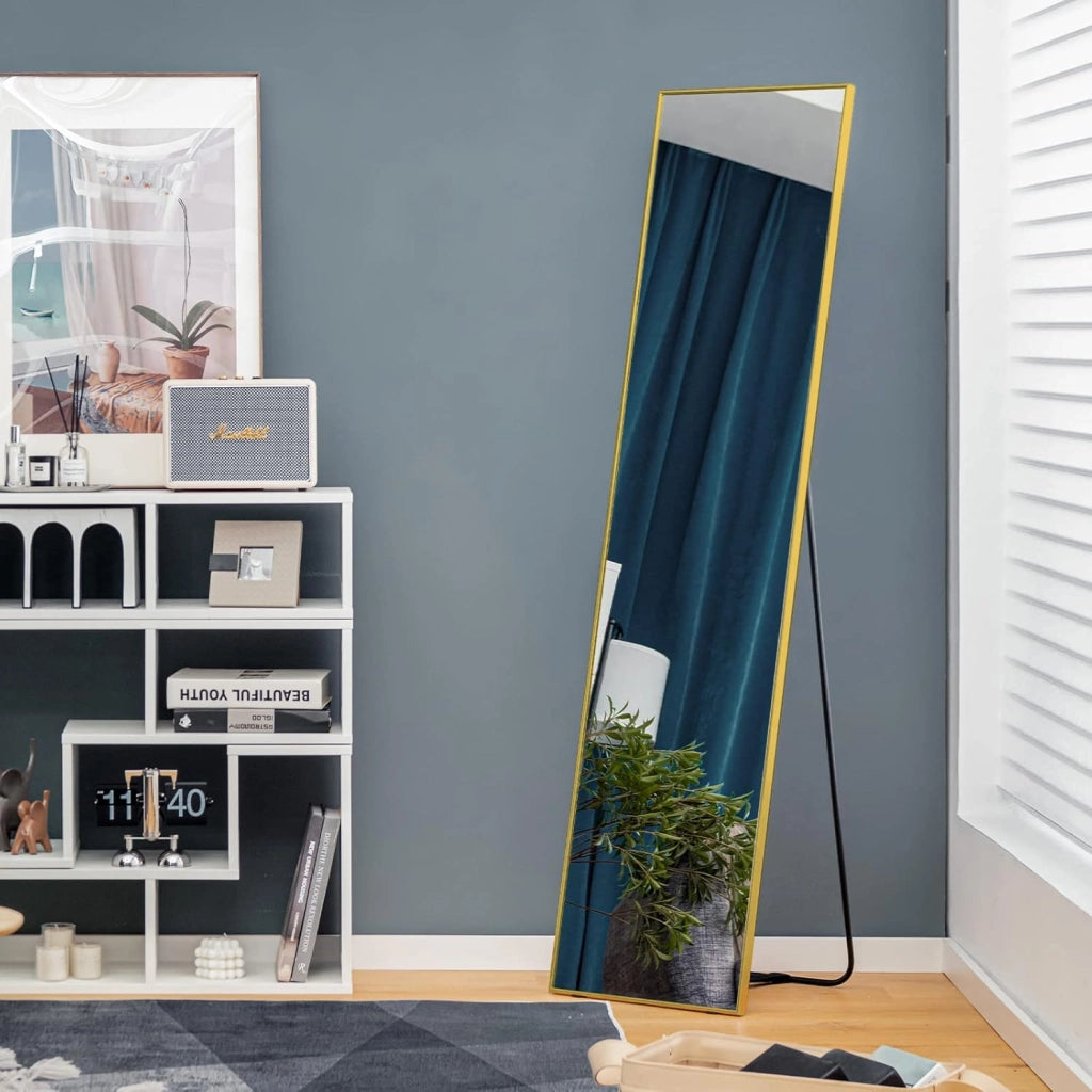 Specchio da Parete Lungo, Specchio da Terra Appendere con Cornice in Lega di Alluminio e Ganci, Per Camera da Letto e Soggiorno, 160 x 40 cm (Oro)