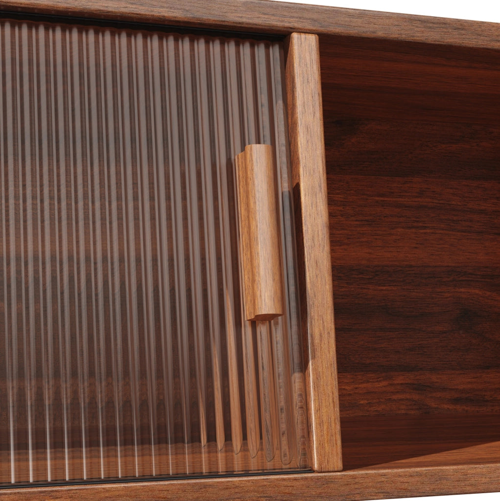 Credenza 140x40.5x174.5 cm con ante scorrevoli in vetro; 3 cassetti; MDF e metallo noce