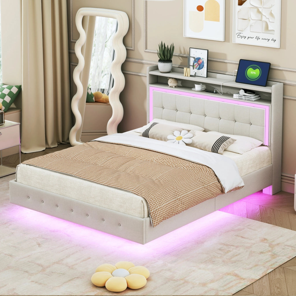 Letto imbottito 140x200 cm; USB e LED; tessuto di lino; beige (Senza materasso)