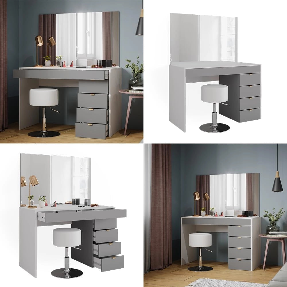 Tavolo da toeletta Elise, Bianco/grigio/grigio, 115 cm con sgabello, con sgabello regolabile in altezza e girevole a 360°