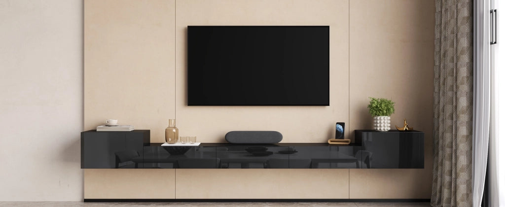 Mobile porta TV sospeso con 2 ante a battente, 3 ante a ribalta e LED app, per soggiorno, nero, 245 × 30 × 26 cm