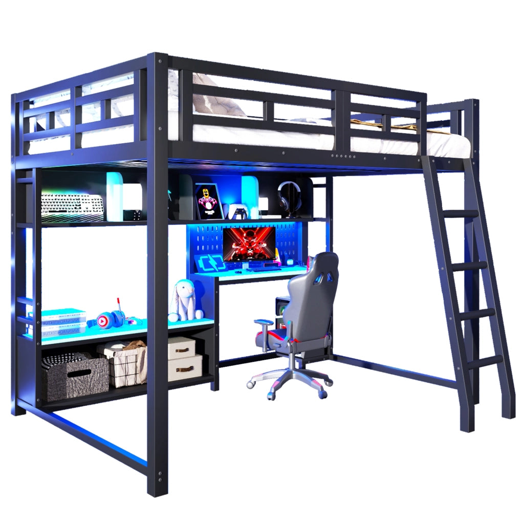 LETTO a soppalco 140x200 cm stile gaming con scrivania LED e ripiani nero
