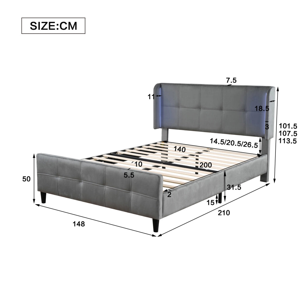 Letto matrimoniale imbottito grigio 140x200 cm con LED