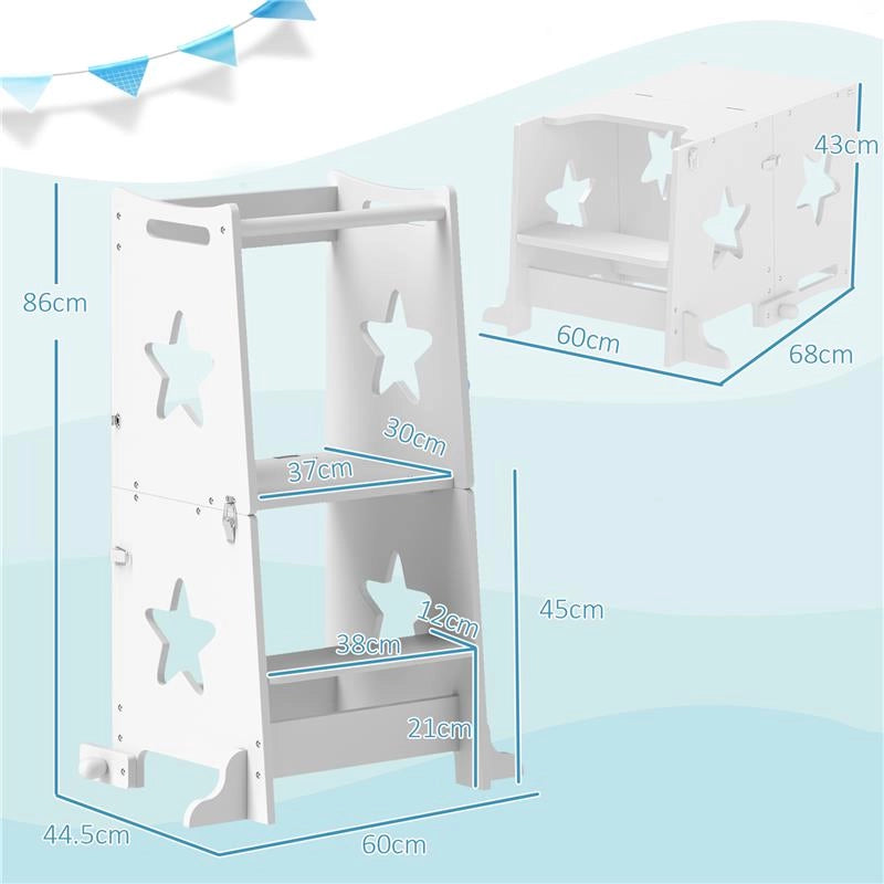 SCALA MONTESSORI CONVERTIBILE IN SET TAVOLO E SEDIE CON BARRA DI SICUREZZA, IN LEGNO, 60X44.5X86 CM, BIANCO