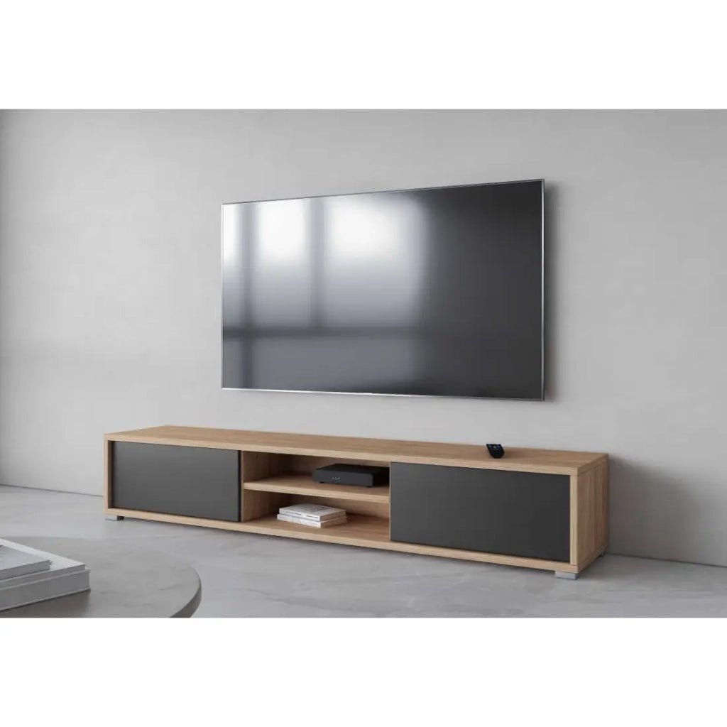 Mobile TV 180cm, 2 porte e 2 nicchie collezione MAANUM. Colore quercia chiara e grigio.