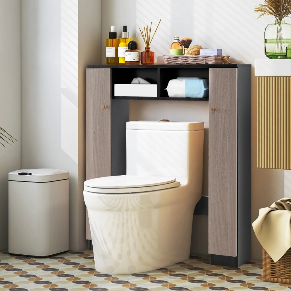 Scaffale sopra wc con doppia anta 2 scomparti aperti e 4 ripiani regolabili, Mobile a ponte per bagno Marrone-Armadietti da bagno