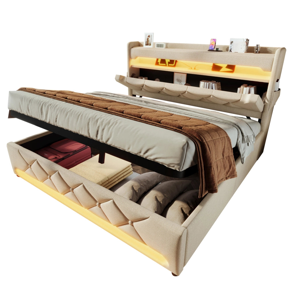 Letto matrimoniale 160x200 cm in lino beige con contenitore idraulico; LED 360掳; USB e Type-C