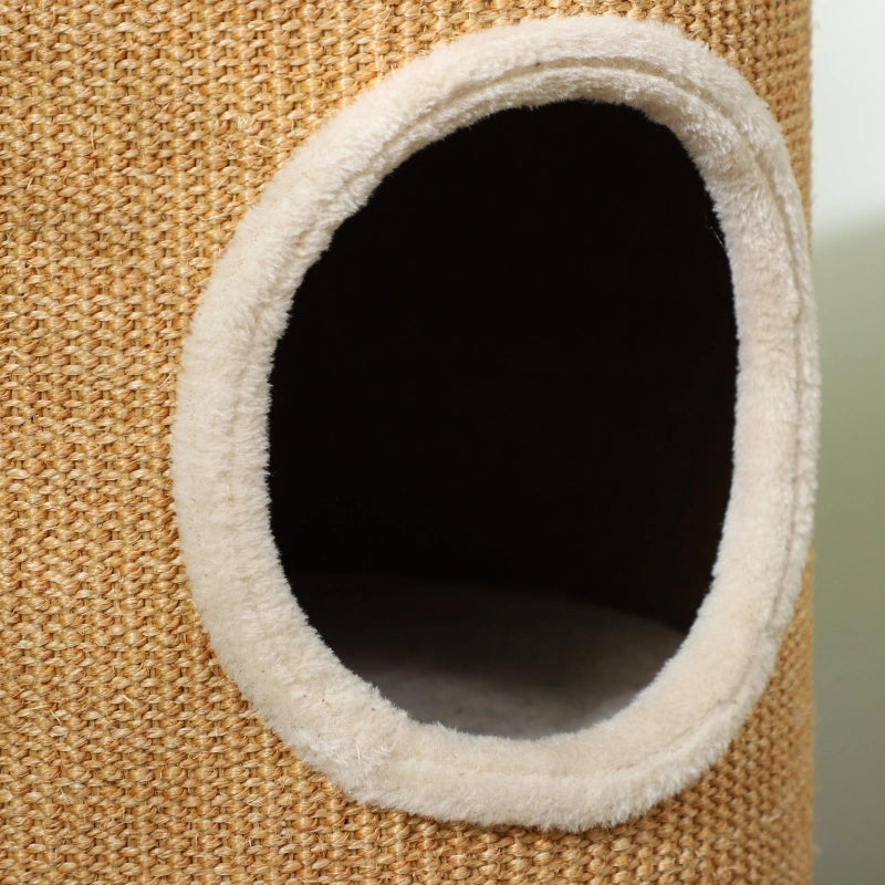 Tiragraffi a botte per gatti, doppio livello, rivestimento in peluche e superficie in sisal, Ø35 x 60H cm, marrone