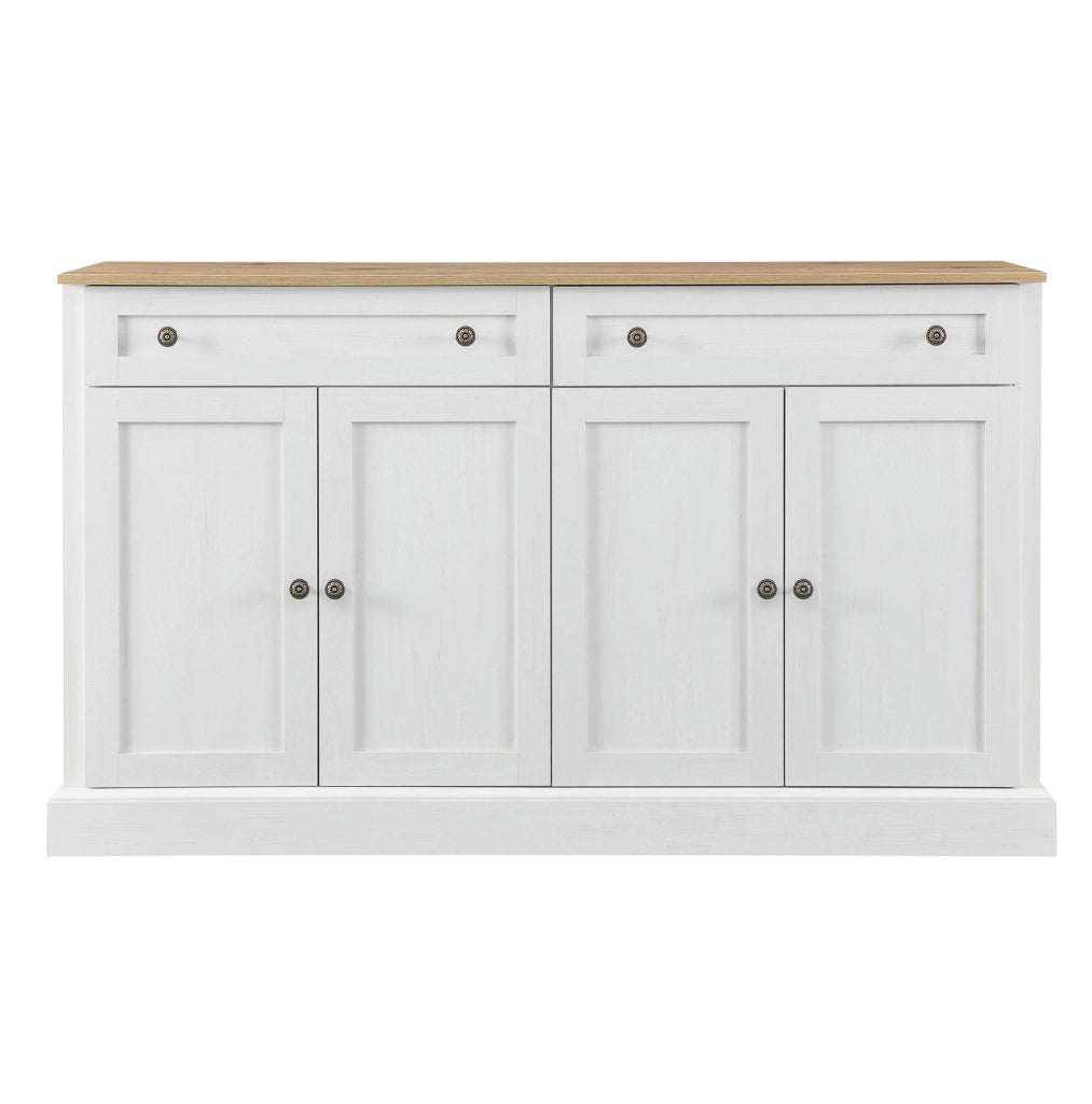 Madia 150x40x86 cm con 4 ante e 2 cassetti; bianco e colore naturale