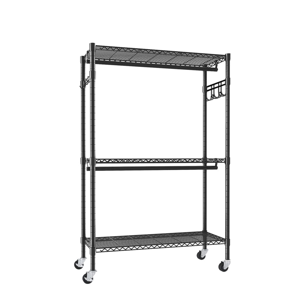PORTAABITI con ruote, 3 ripiani, 2 aste e 2 ganci, nero, 93x46x11 cm