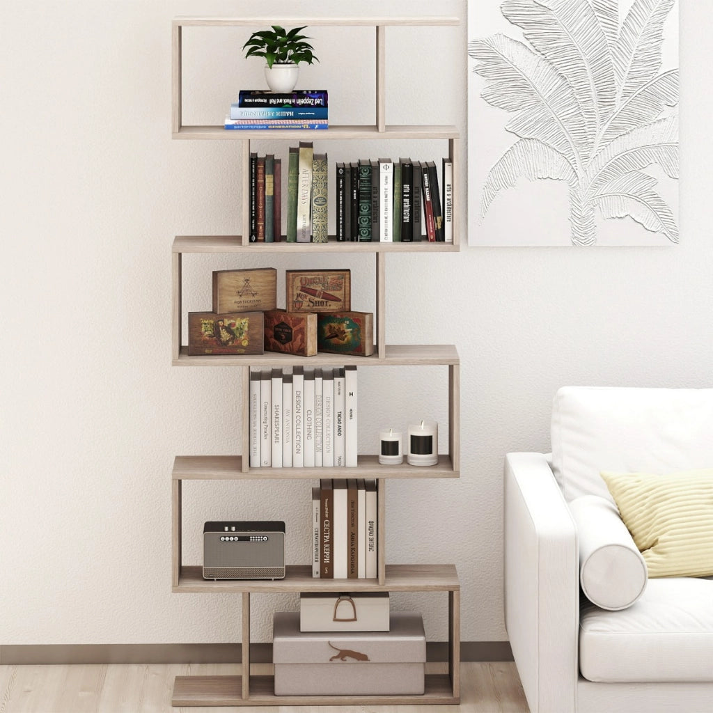 Libreria a 6 livelli a forma di S con dispositivo antiribaltamento-Scaffale di legno per casa e ufficio Grigio chiaro