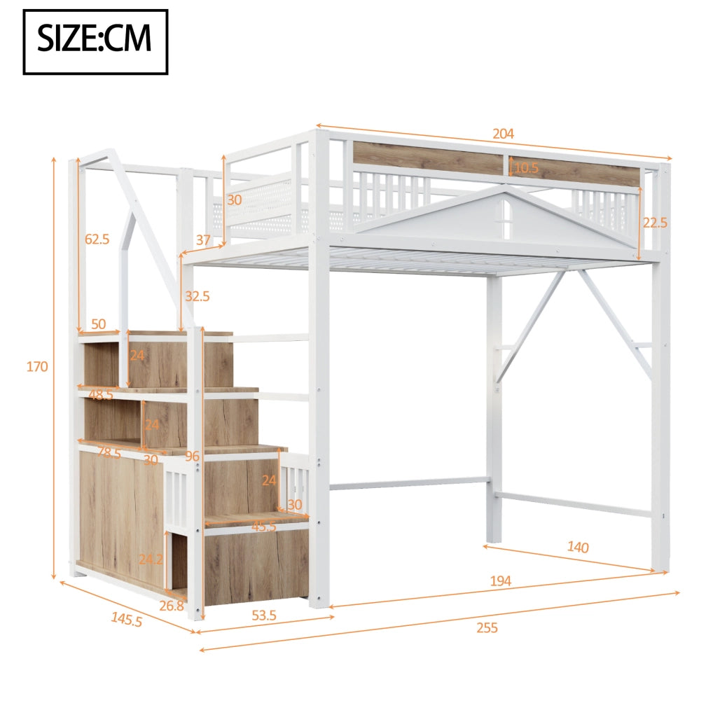 Letto a soppalco 140x200 cm in metallo e legno bianco