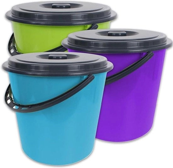 Emmer in plastica da 5 litri con coperchio - adatto per alimenti - tripartito - 3 pezzi.