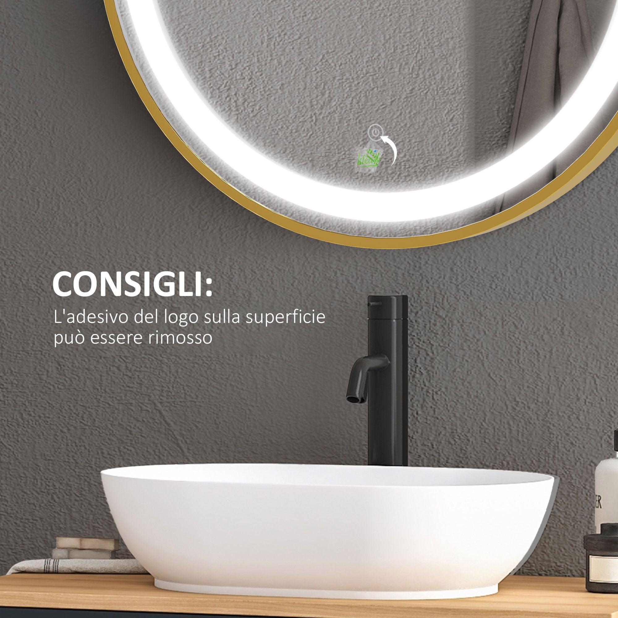 Specchio da Bagno con Luce LED 3 Tonalità e Funzione Memoria Ø60 cm Telaio in Alluminio Oro