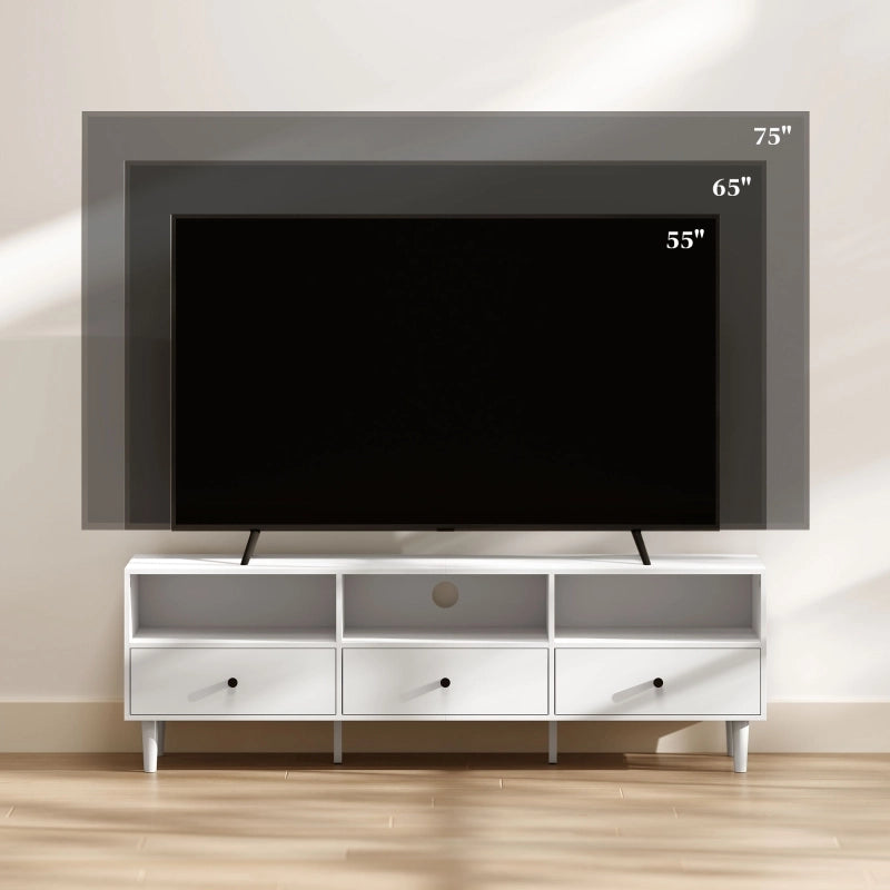 Mobile porta tv con 3 cassetti e 3 vani aperti, passacavi, per soggiorno, in legno, bianco, 140 × 34 × 45 cm
