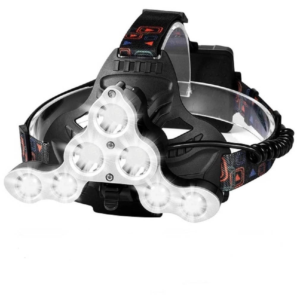 Trade Shop - Torcia Lampada Frontale 7 Led Ricaricabile Pesca Grotte Fascio Luce Bianca -