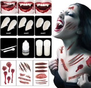 Denti da Vampiro (13 15 17 mm) di Ricambio con Colla Liquida e Tatuaggi di Cicatrici - per Cosplay e Feste di Halloween