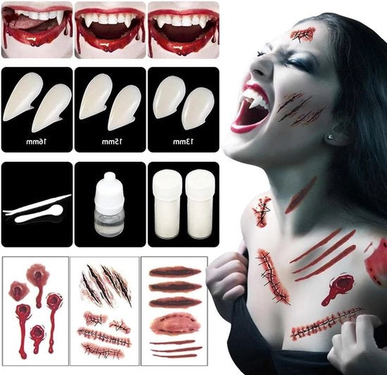 Denti da Vampiro (13 15 17 mm) di Ricambio con Colla Liquida e Tatuaggi di Cicatrici - per Cosplay e Feste di Halloween
