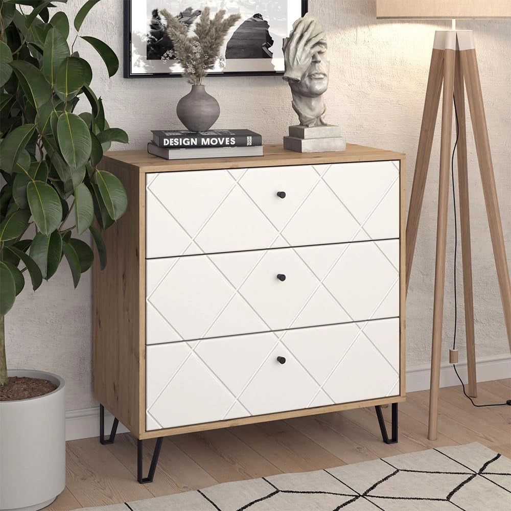Cassettiera per camera da letto Nizza, Rovere artigianale, 80.2 x 82.6 cm con 3 cassetti, da utilizzare come superficie d'appoggio accanto al letto