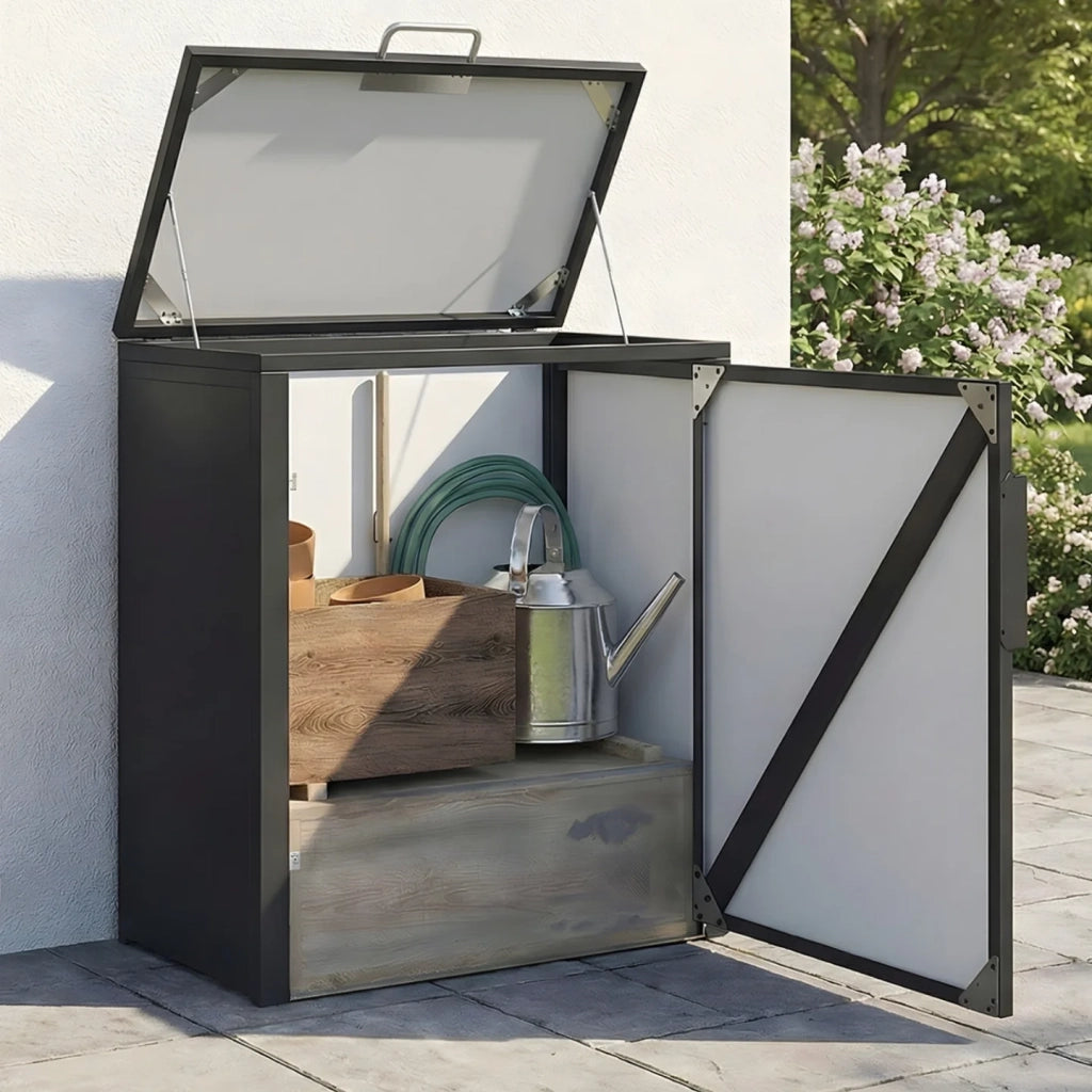 IDMarket - Armadio da giardino in metallo 70 x 40 x 80 cm grigio antracite con tetto sollevabile, doppia anta e ripiano