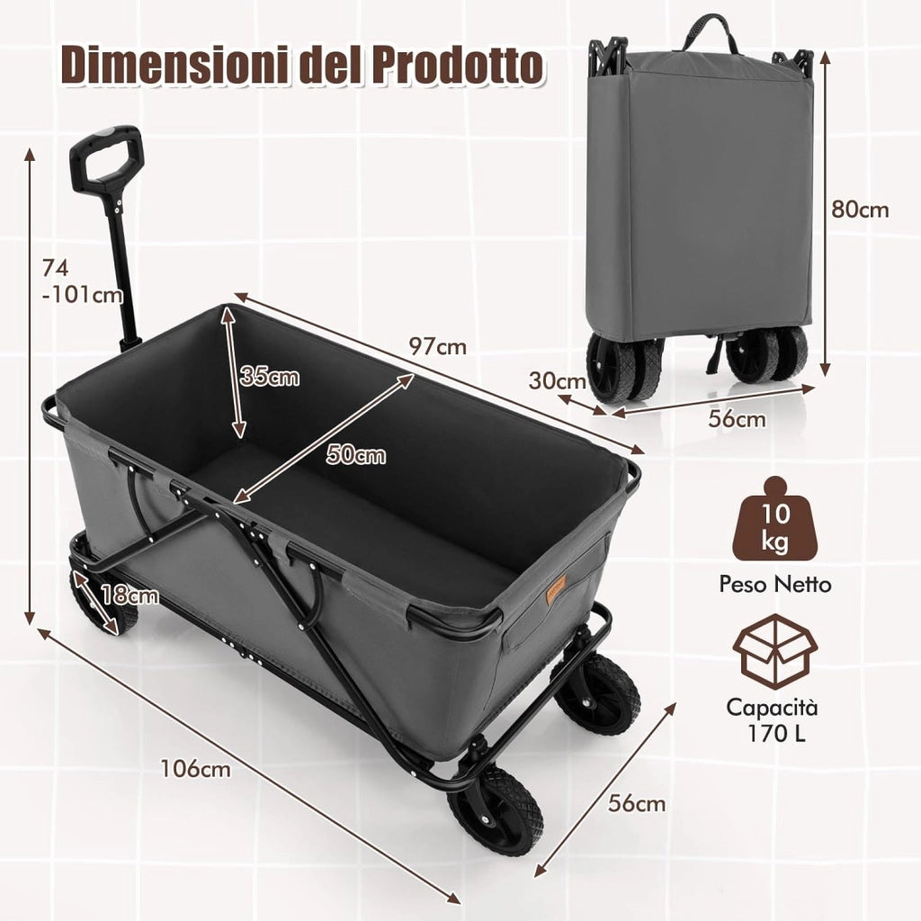 Carrello da Spiaggia Pieghevole 170 L, Carrello con Ruote Portatutto con Maniglia Regolabile e 360° Ruote, Portabottiglie e Tasca Portaoggetti, Carretto Giardino per Campeggio (Grigio)