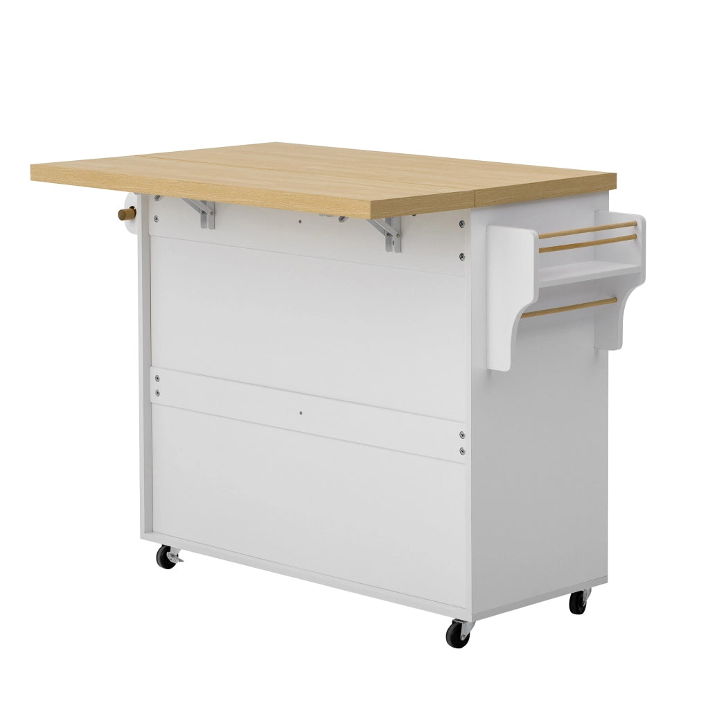 Isola cucina con piano estraibile 100x42-70x91.5 cm; ruote; spazio contenitivo; MDF bianco naturale