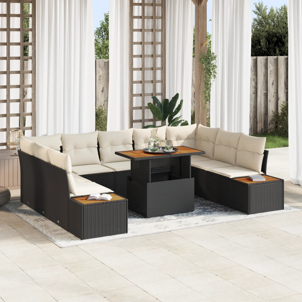 Set da pranzo da giardino 10 pezzi con cuscini in polyrattan e acacia nera