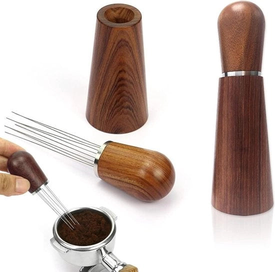 Espresso Affinatore Manuale con Manopola in Legno Naturale - Kit di Affinamento per Baristi - Distributore per Caffè con Base