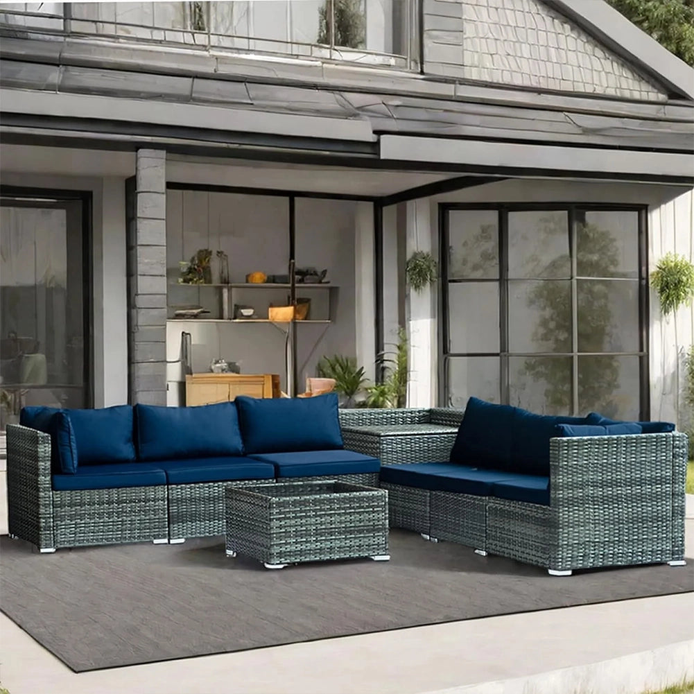 Set Salotto Patio Divano 8 Pezzi Componibile in Polyrattan e Tavolo Contenitore