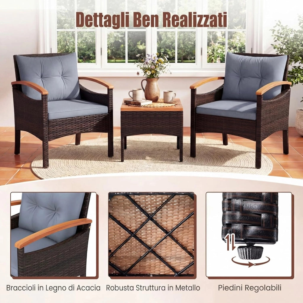 Set Salotto da Giardino per 2 Persone, Poltrone da Giardino in Rattan e Legno con Tavolino Laterale, Salottino da 3 Pezzi con Cuscini per Cortile, Veranda e Balcone (Grigio)