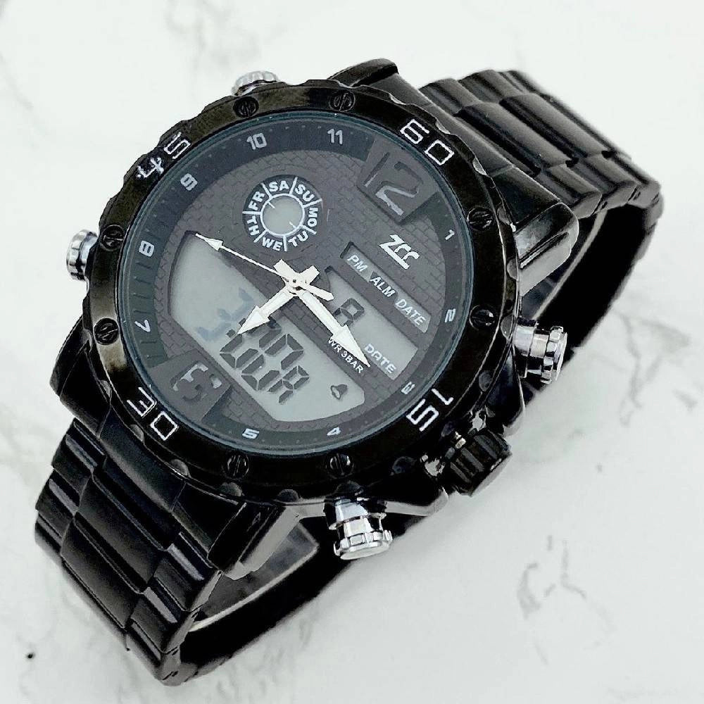 Trade Shop - Orologio Polso Zcc Uomo Acciaio Dual Time Calendario Allarme Impermeabile Nero -