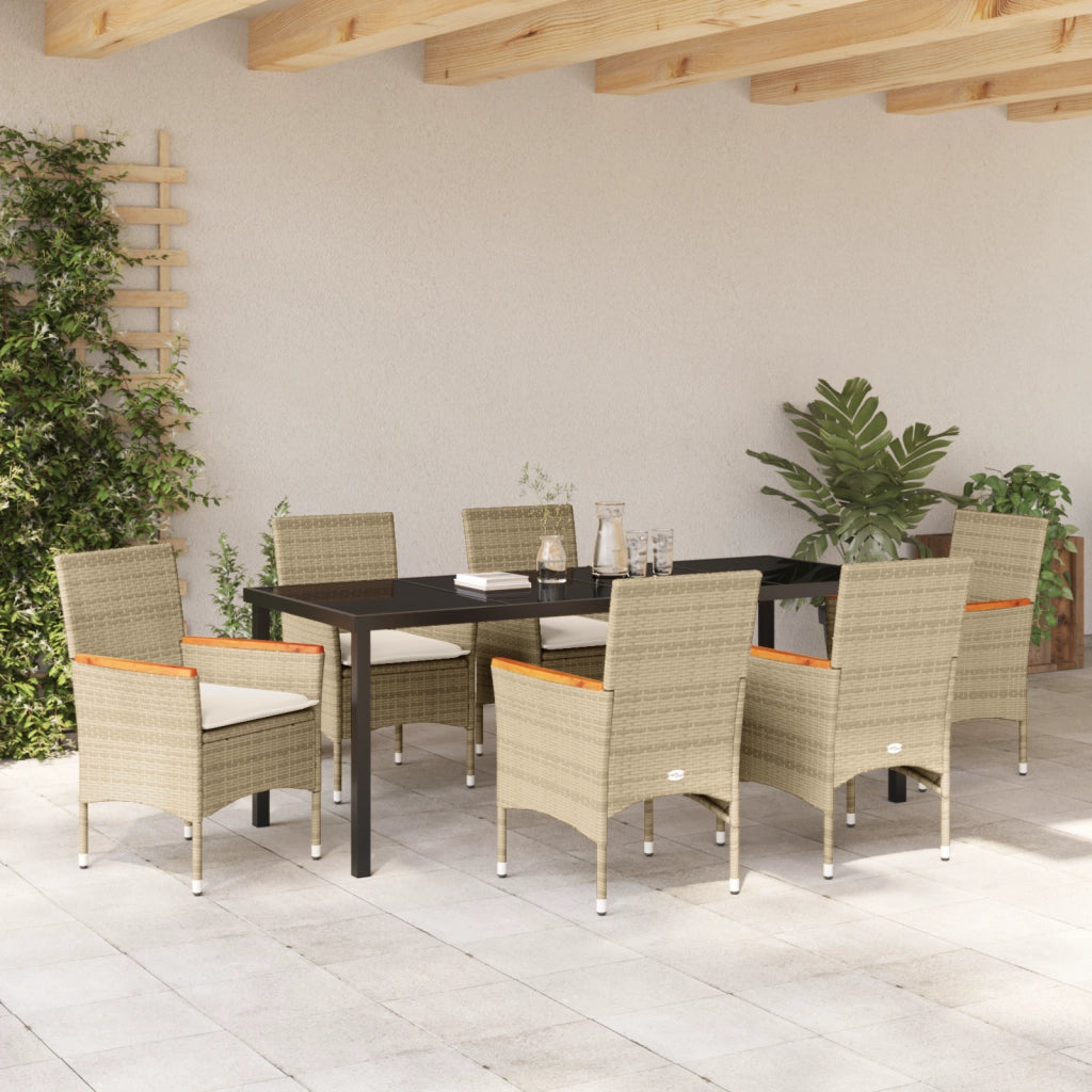 Set da Pranzo per Giardino a 7 Pezzi con Cuscini in Polyrattan Beige