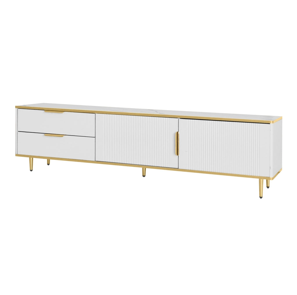 Mobile TV ULEVR 170x37x45 cm con 2 cassetti e 2 ante, bianco e oro con texture scolpita