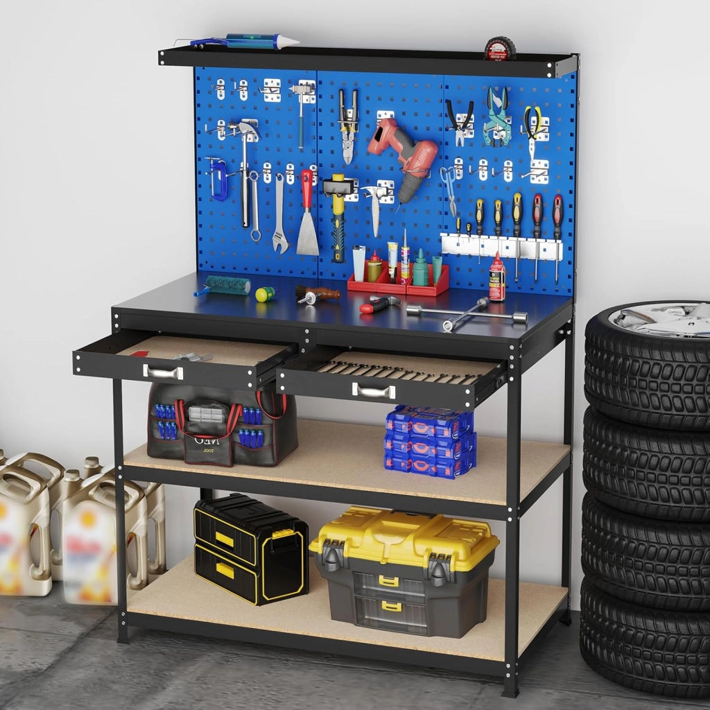 Banco da Lavoro, Organizer per Attrezzi in Metallo con 3 Pannelli Perforati con Kit di 24 Ganci, 2 Cassetti e 2 Ripiani, Banchi da Lavoro per Officina, Garage (Blu, 121 X 61 X 156 CM)
