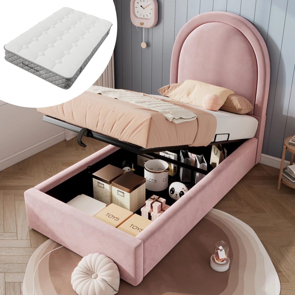 LETTO imbottito 90x200 cm rosa in velluto con materasso incluso