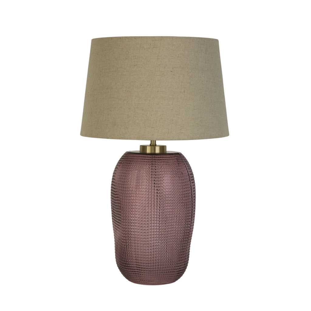 Lampada da tavolo Ametista 1Lt, vetro rosa con paralume in lino naturale