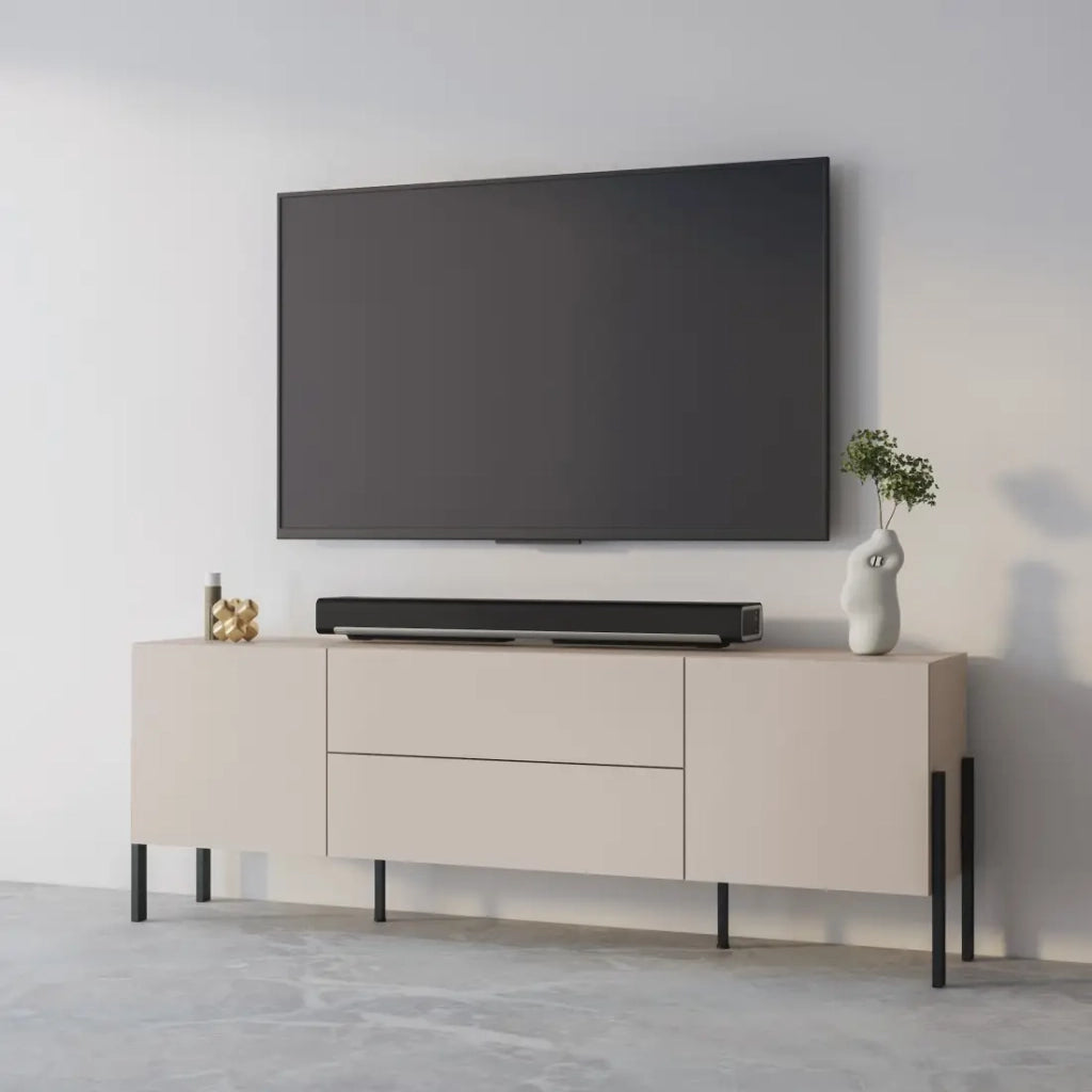 Mobile TV SALMA – 2 porte & 2 cassetti Push-to-Open – beige & nero opaco, 207×70×40 cm