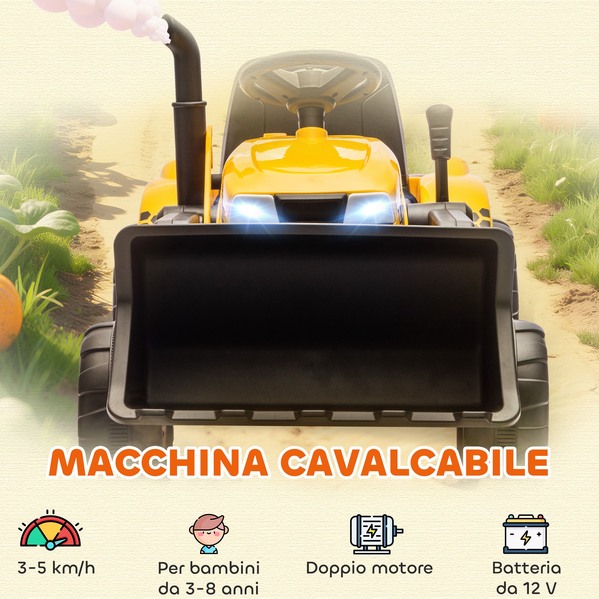 Escavatore per Bambini Elettrico 12V con Benna Rimorchio e Telecomando Età 3-8 Anni Giallo