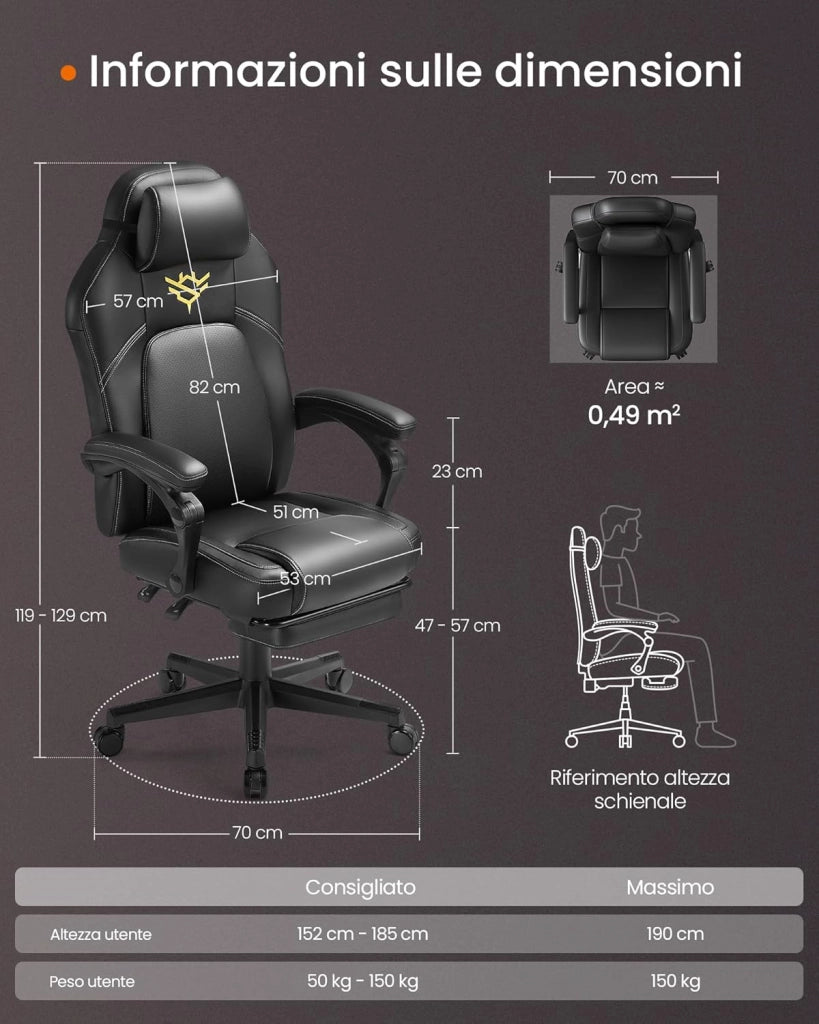 Sedia da Gaming Ergonomica per Computer Con Poggiapiedi e Poggiatesta, Pelle Sintetica, Altezza Regolabile, Nero Inchiostro OBG072B01