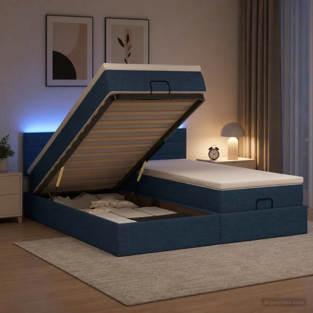 Letto Ottomano con Materasso e LED Blu 160 x 200 cm Tessuto 3457251