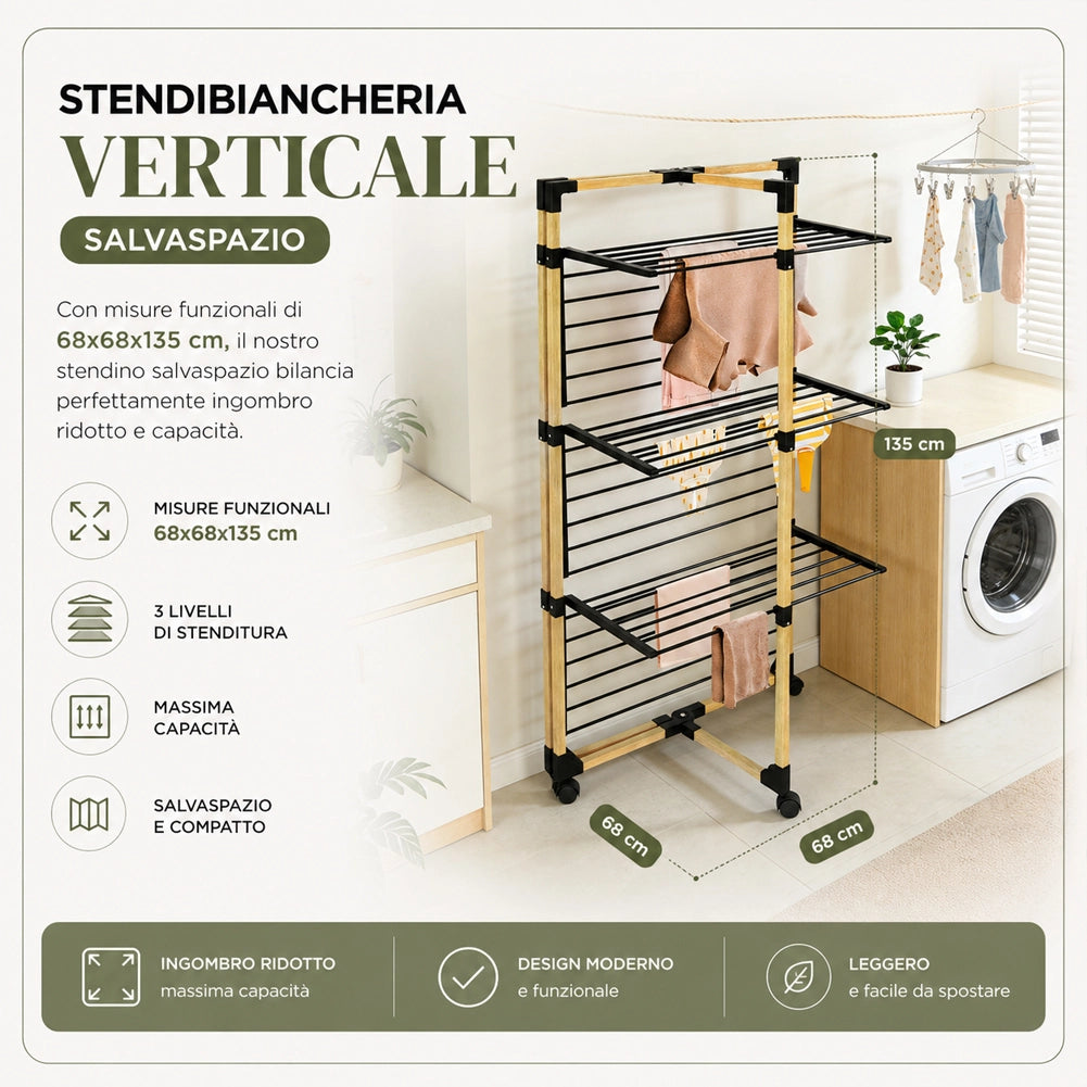 Stendibiancheria a Torre Verticale Pieghevole a 3 Livelli 69x136x69cm con Ruote