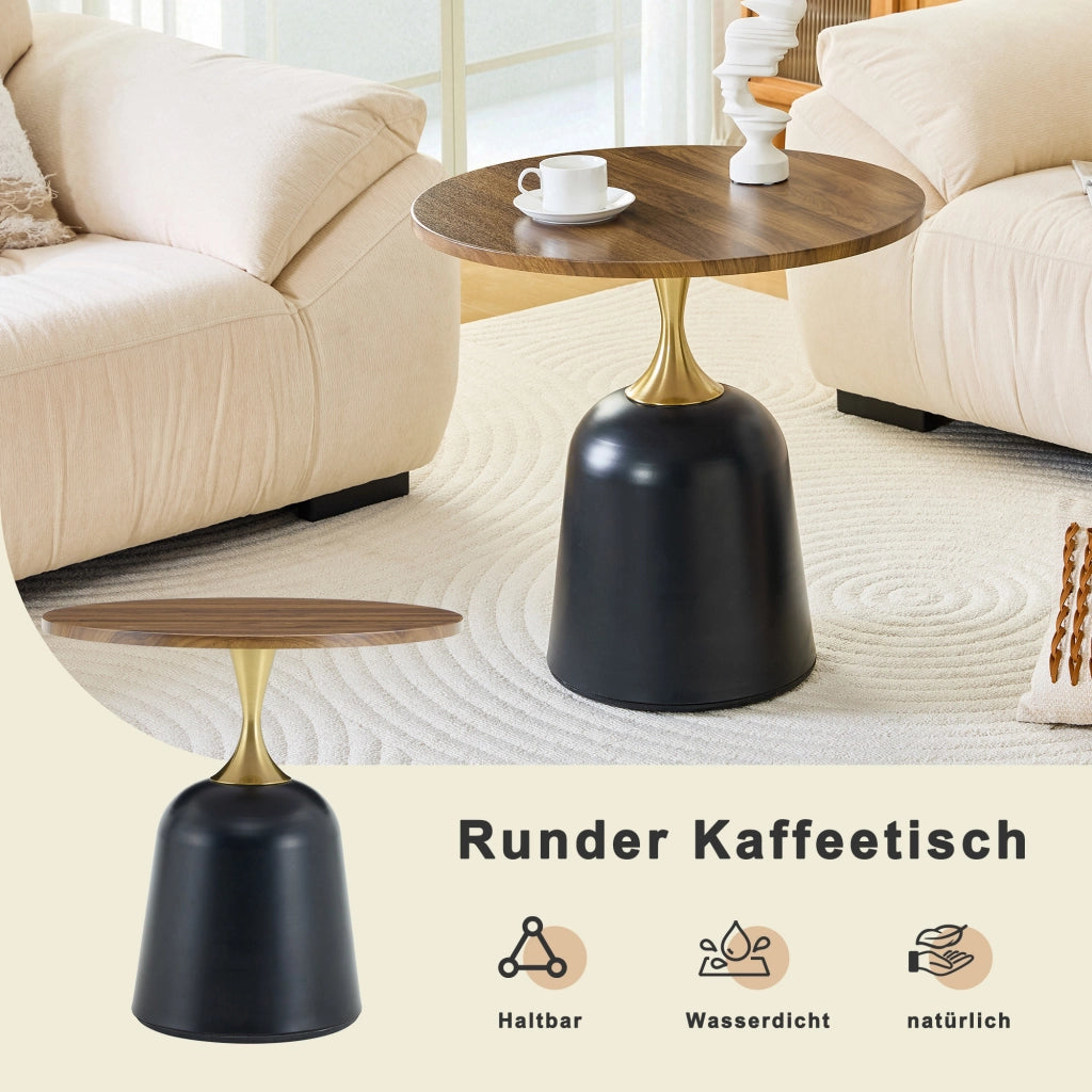 Tavolino basso rotondo con base in metallo e piano in melammina effetto noce, stile moderno, per soggiorno, 70 × 69 × 40 cm