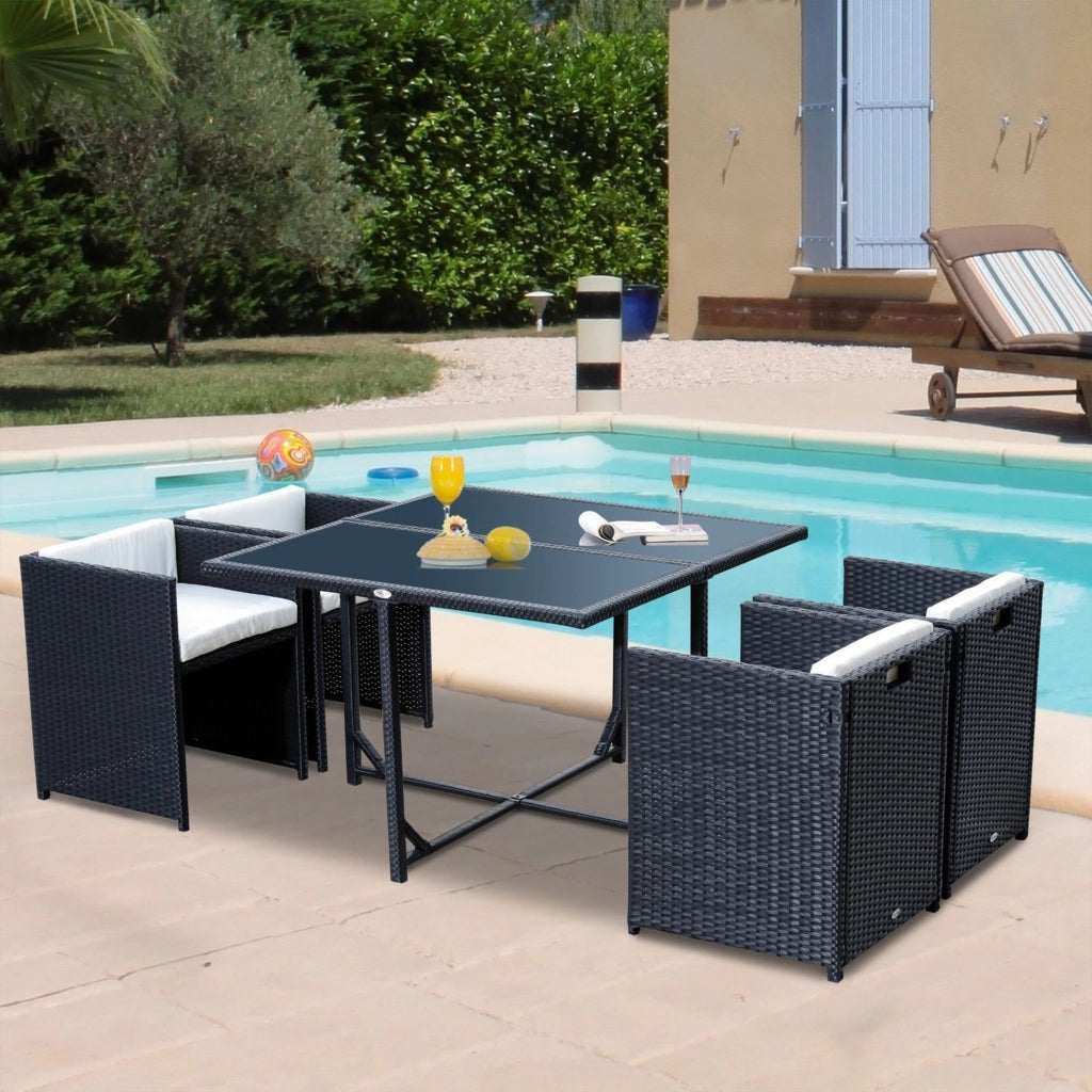 EasyComfort Set Mobili da Giardino 5pz Set Tavolo da Pranzo con 4 Sedie con Cuscini Combinabili a Rettangolo, Nero, 109x109x72 cm